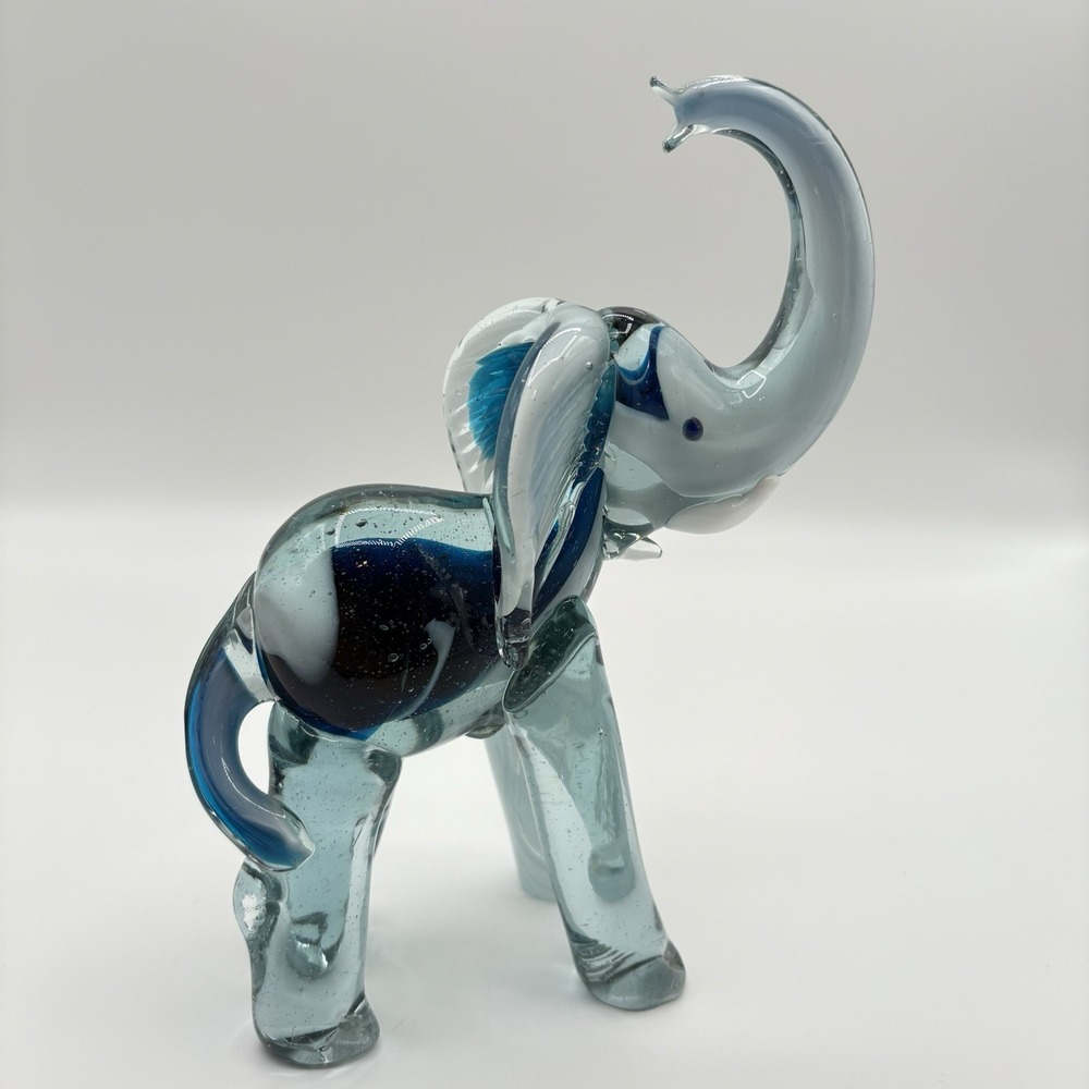 Hand Blown Glass Elephant Cobalt Blue‎ Swirl Glass 7.5"